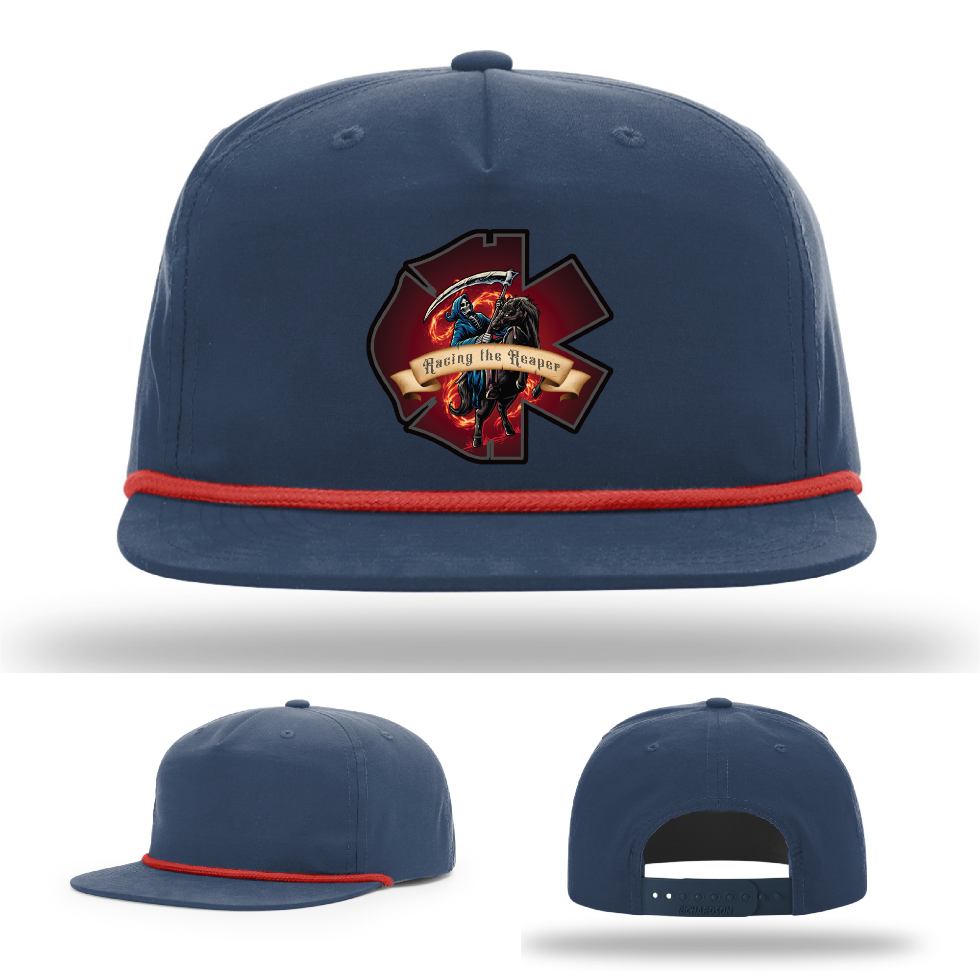 Grim Reaper EMS patch options – leather logos featured on Richardson hat designs