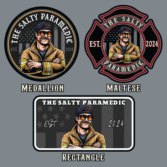 Custom firefighter and EMS hats featuring The Salty Paramedic's full-color leather patch design, shown on Richardson 112 and 110 hats for first responders.