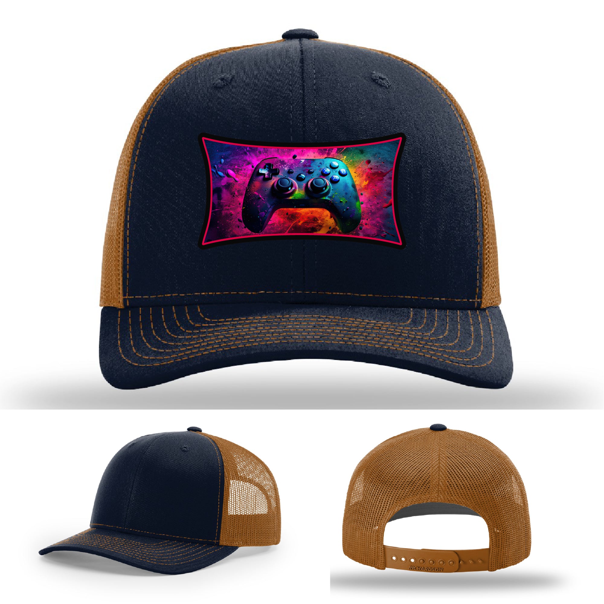 Custom Richardson gaming hat with neon galaxy controller patch – bold gamer merch.