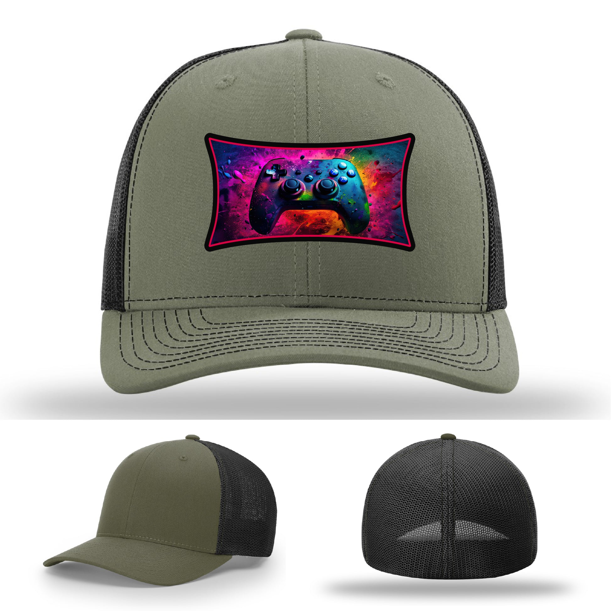 Custom Richardson gaming hat with neon galaxy controller patch – bold gamer merch.