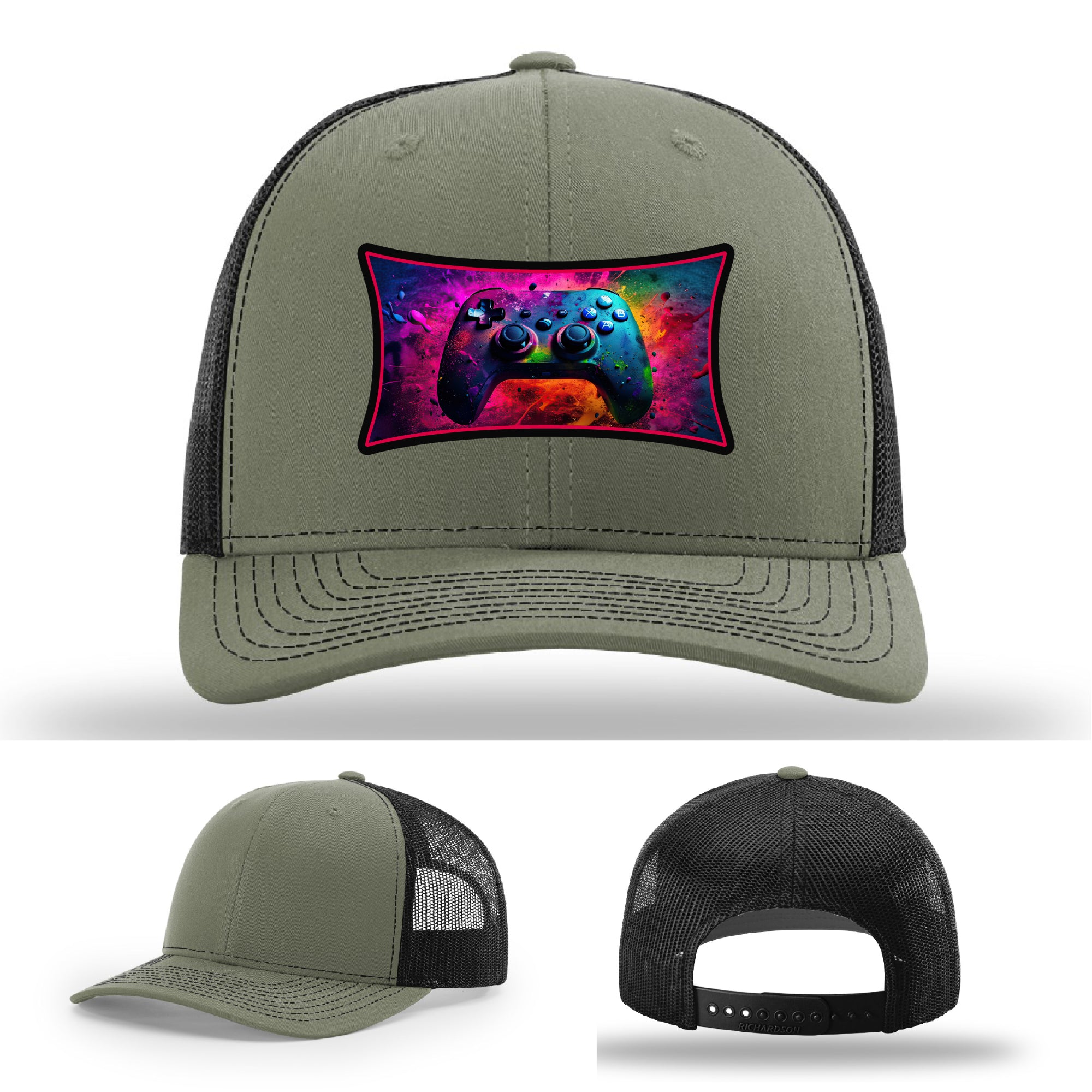 Custom Richardson gaming hat with neon galaxy controller patch – bold gamer merch.