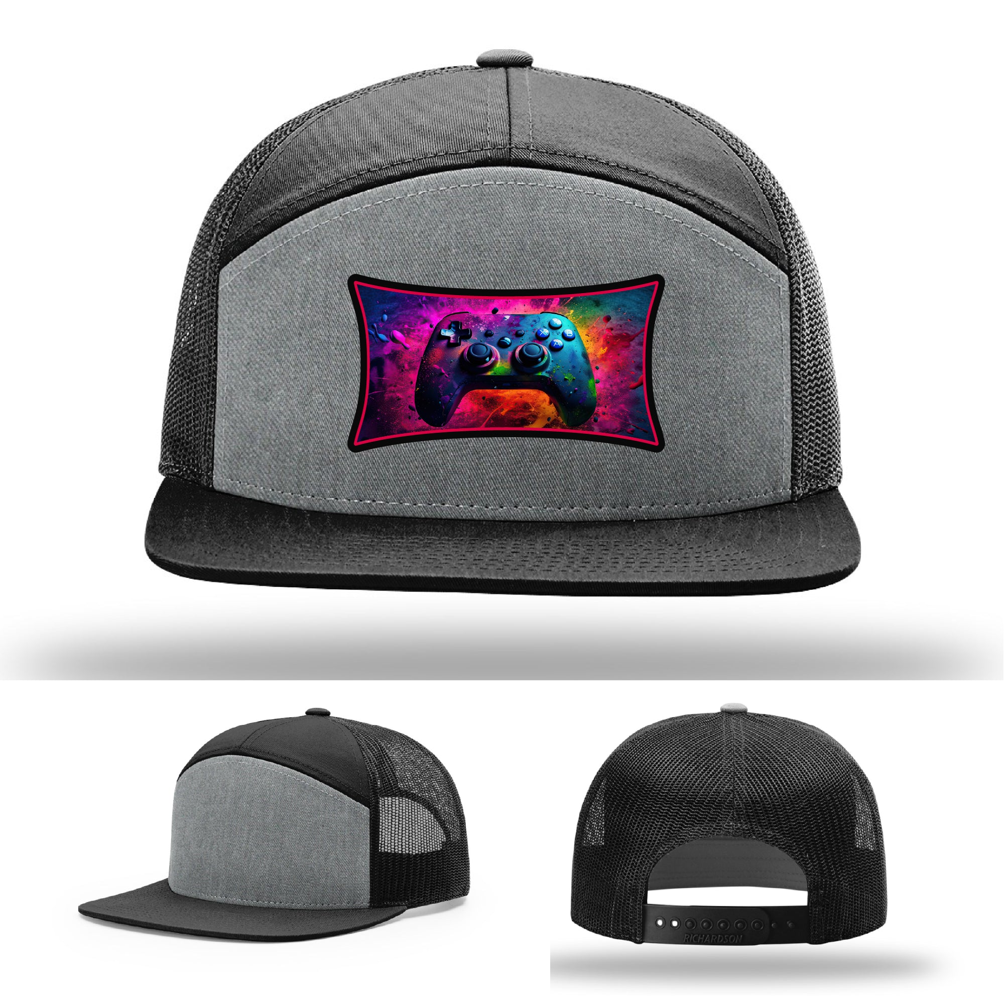 Custom Richardson gaming hat with neon galaxy controller patch – bold gamer merch.