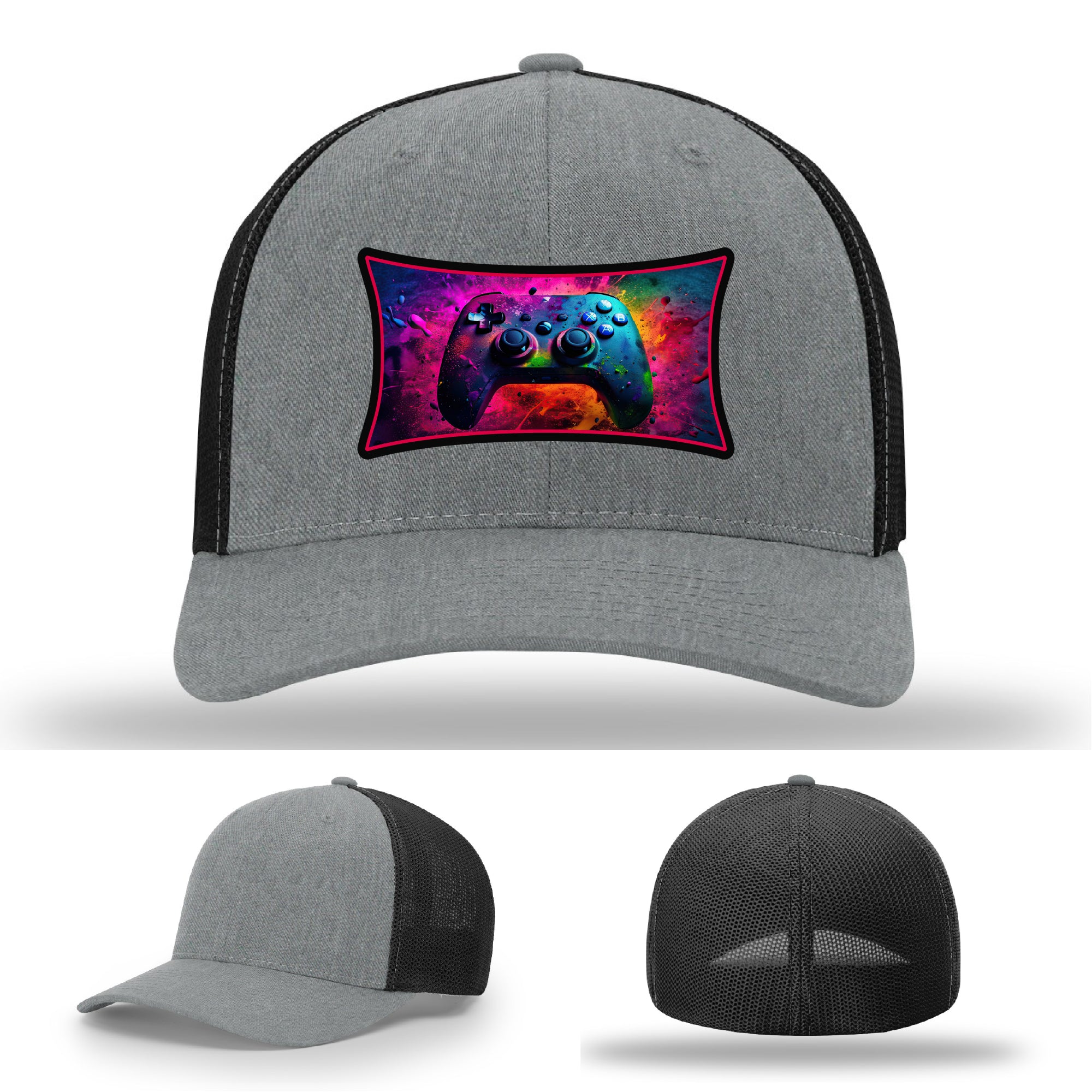 Custom Richardson gaming hat with neon galaxy controller patch – bold gamer merch.
