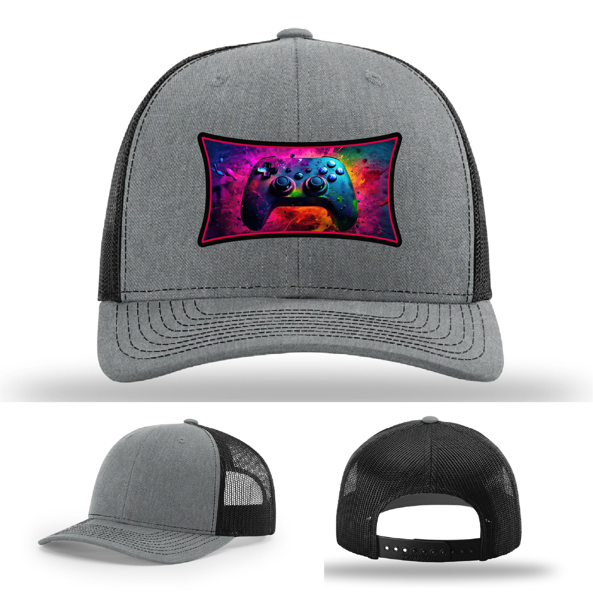 Custom Richardson gaming hat with neon galaxy controller patch – bold gamer merch.