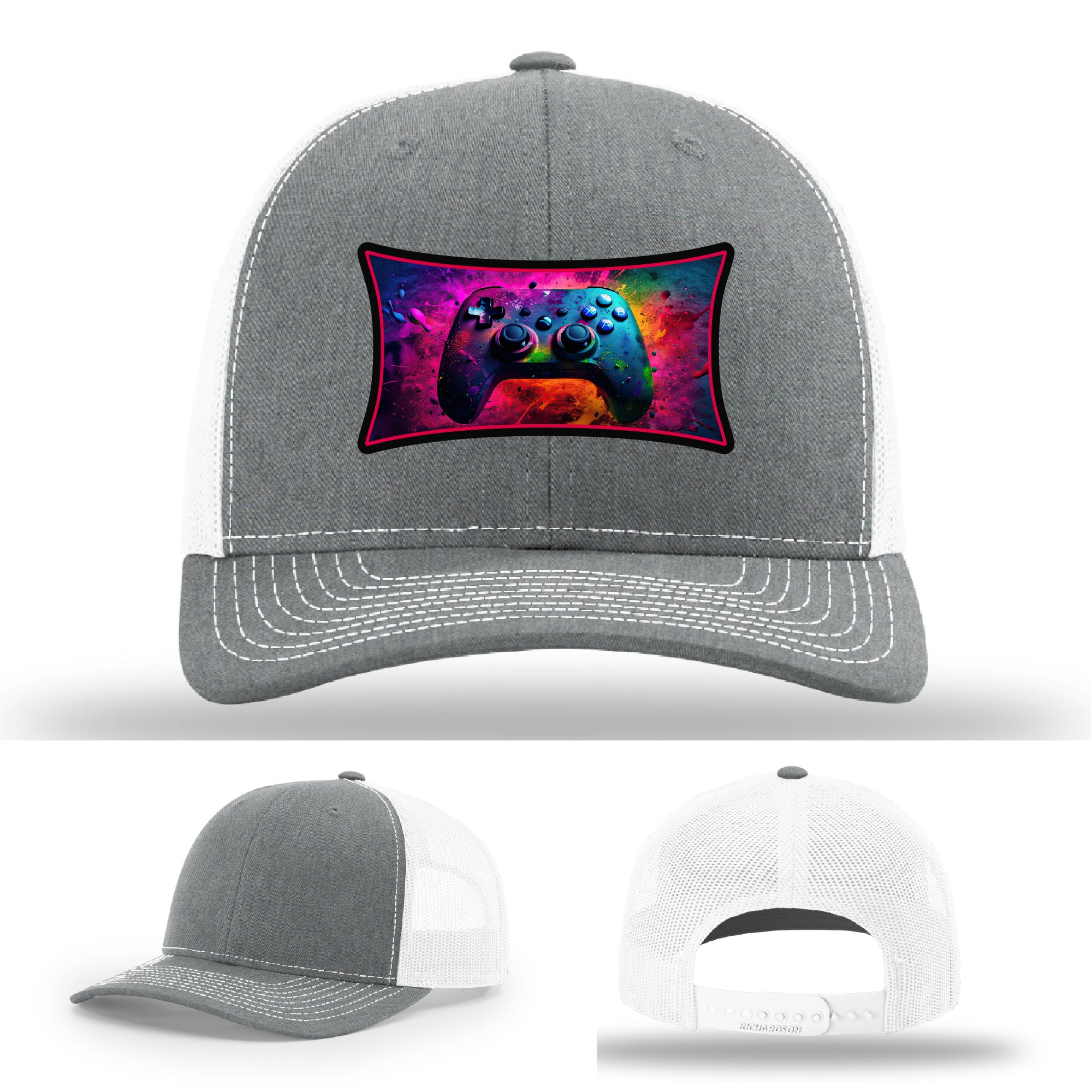 Custom Richardson gaming hat with neon galaxy controller patch – bold gamer merch.