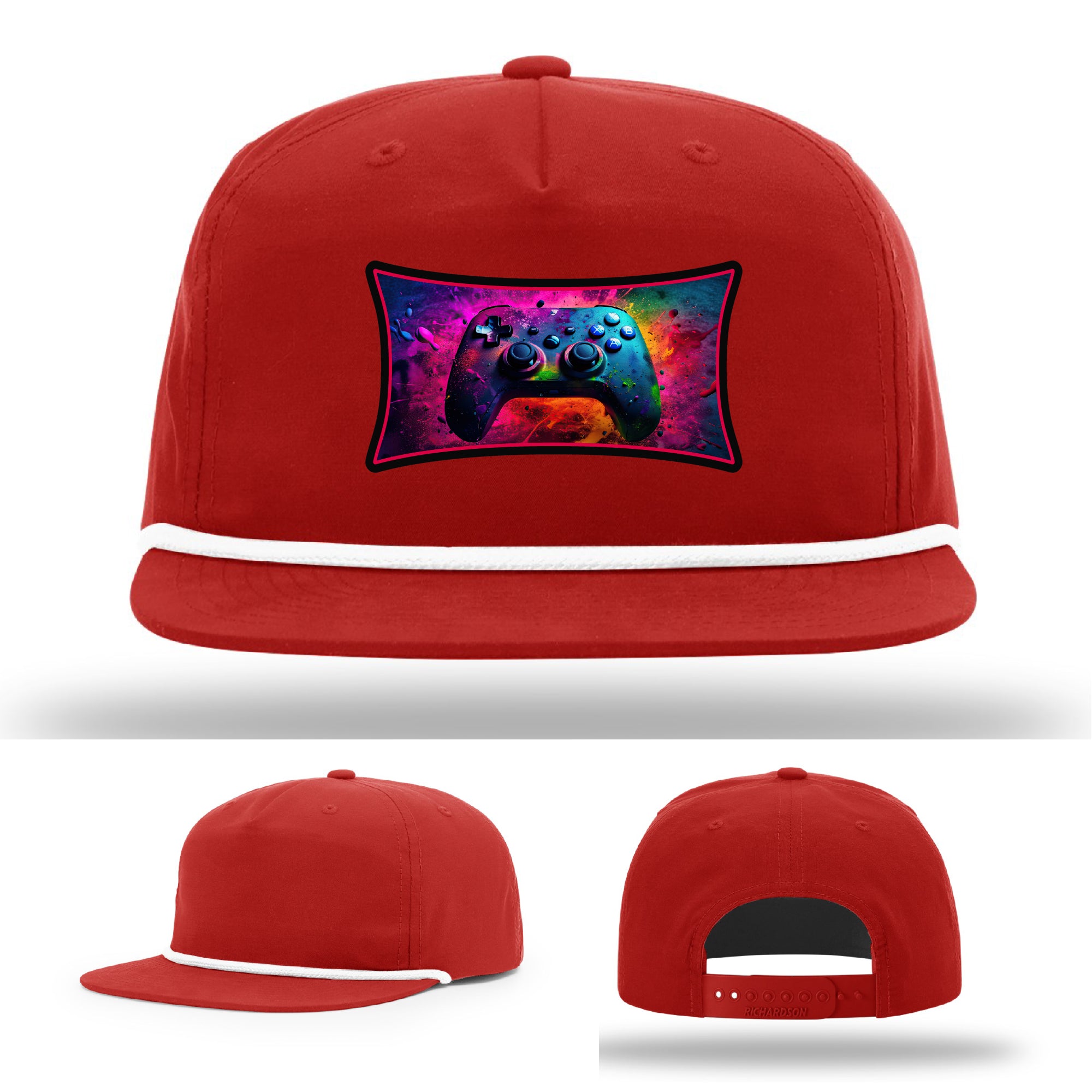 Custom Richardson gaming hat with neon galaxy controller patch – bold gamer merch.
