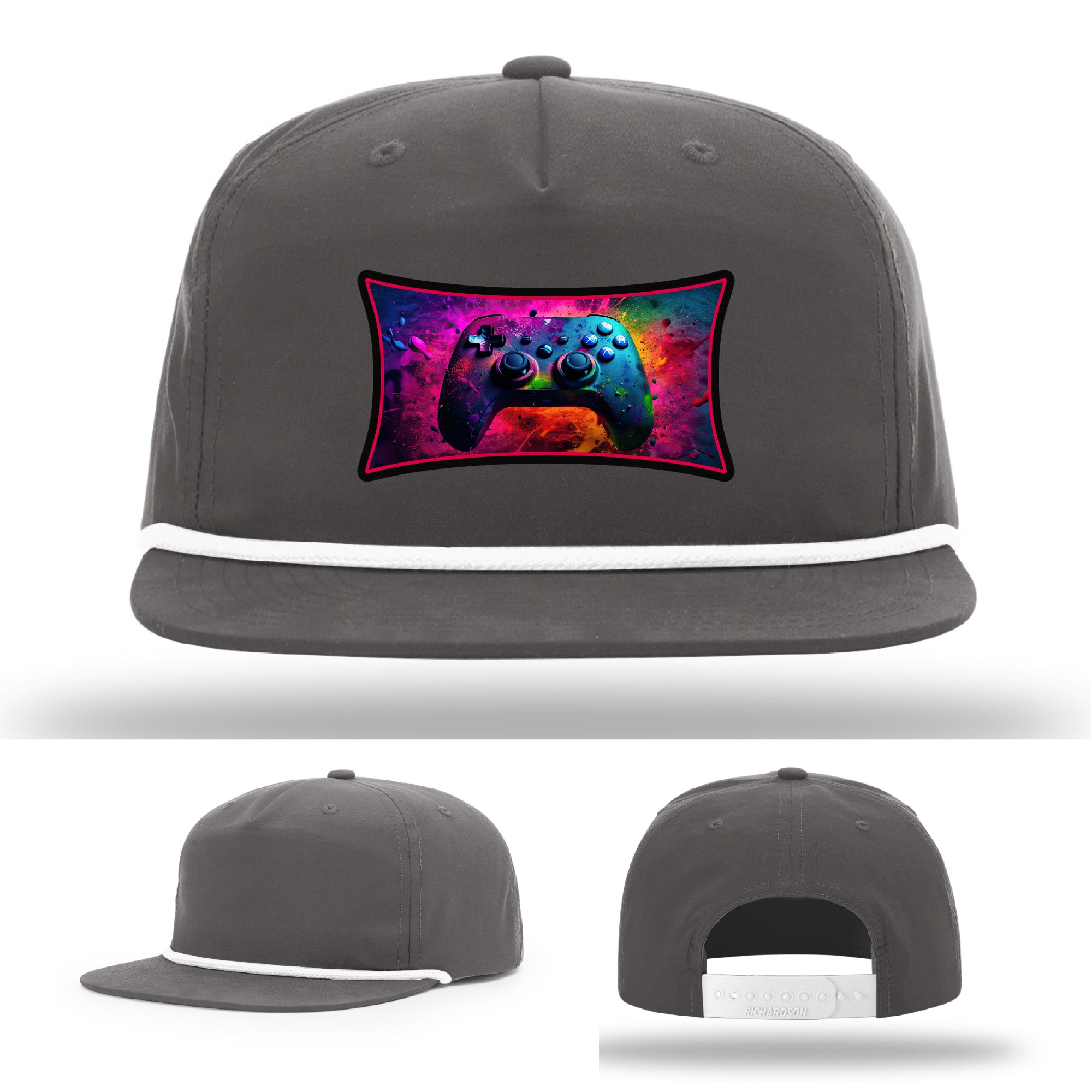 Custom Richardson gaming hat with neon galaxy controller patch – bold gamer merch.