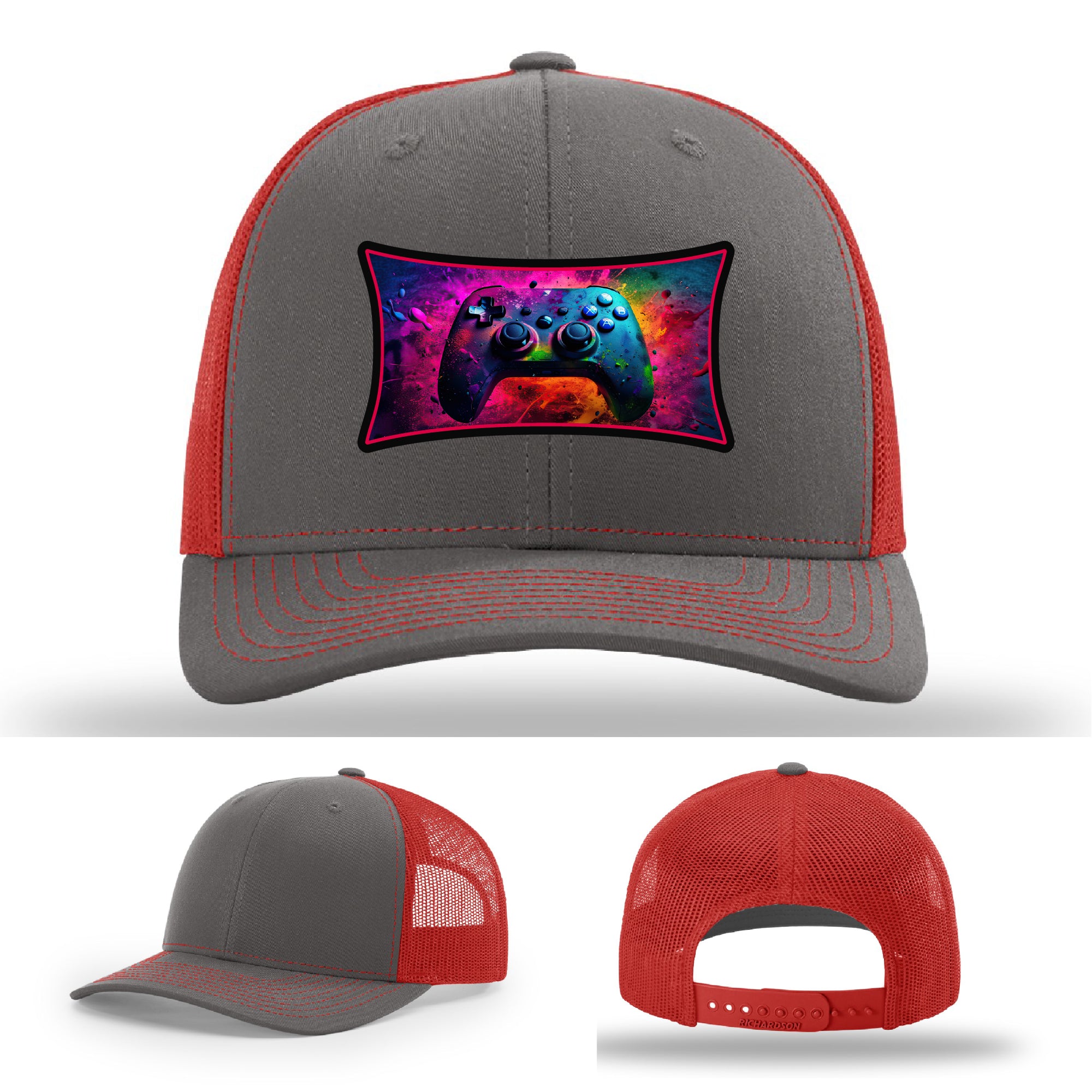 Custom Richardson gaming hat with neon galaxy controller patch – bold gamer merch.