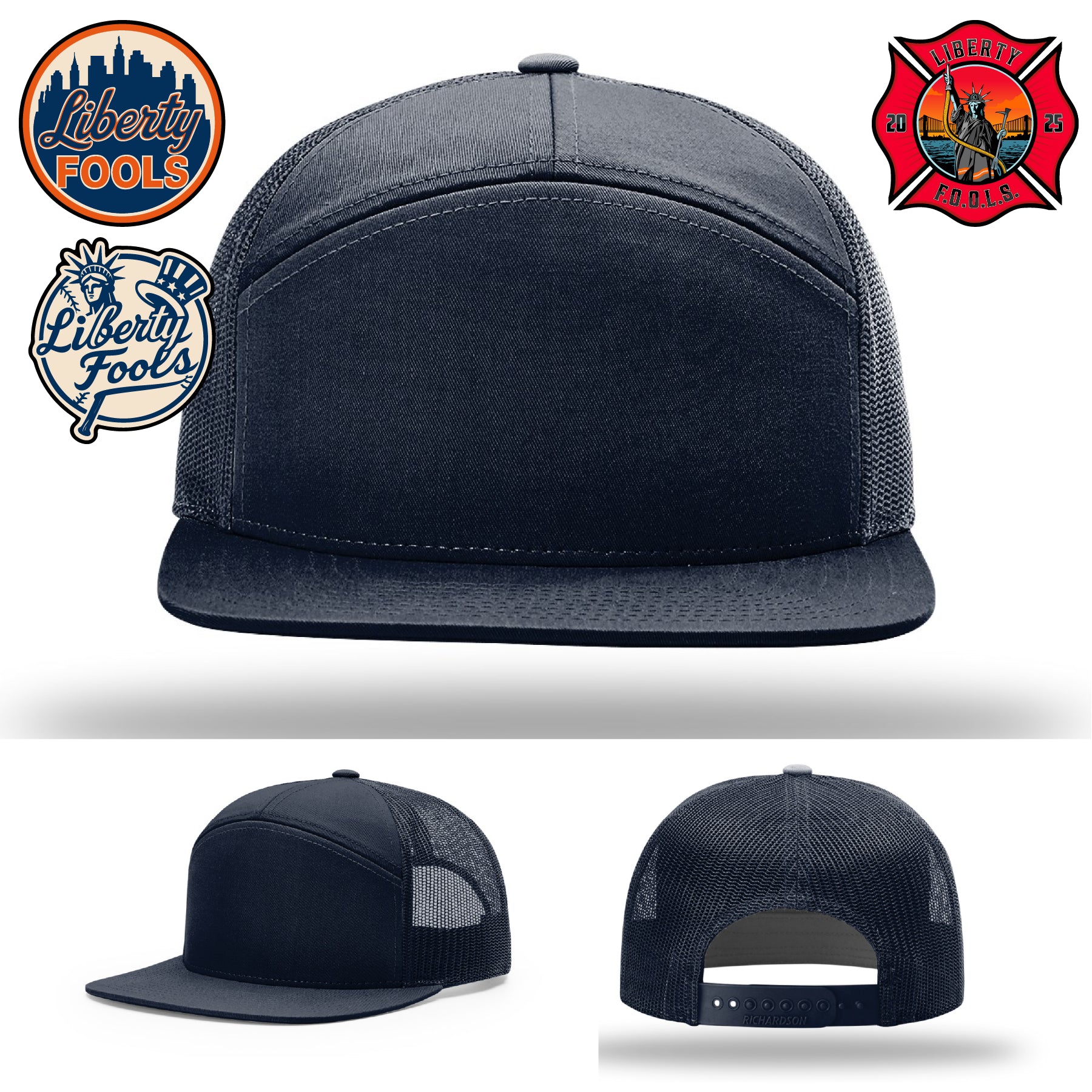 Liberty City FOOLS firefighter hat logo variants – hat styling with different Liberty FOOLS logos.