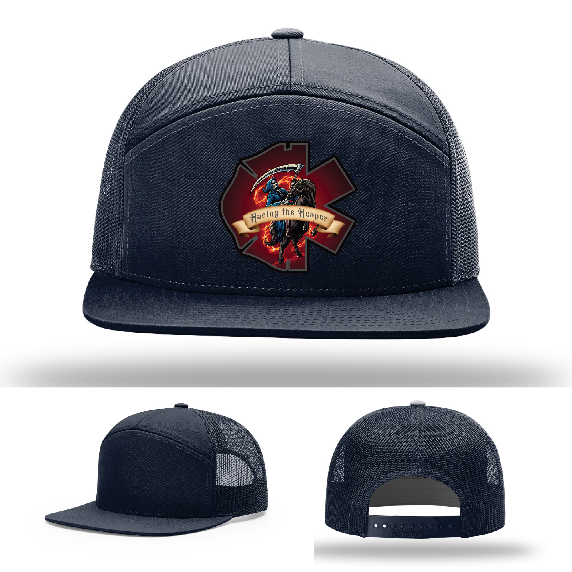 Racing the Reaper patch designs – firefighter leather logos across Richardson hats