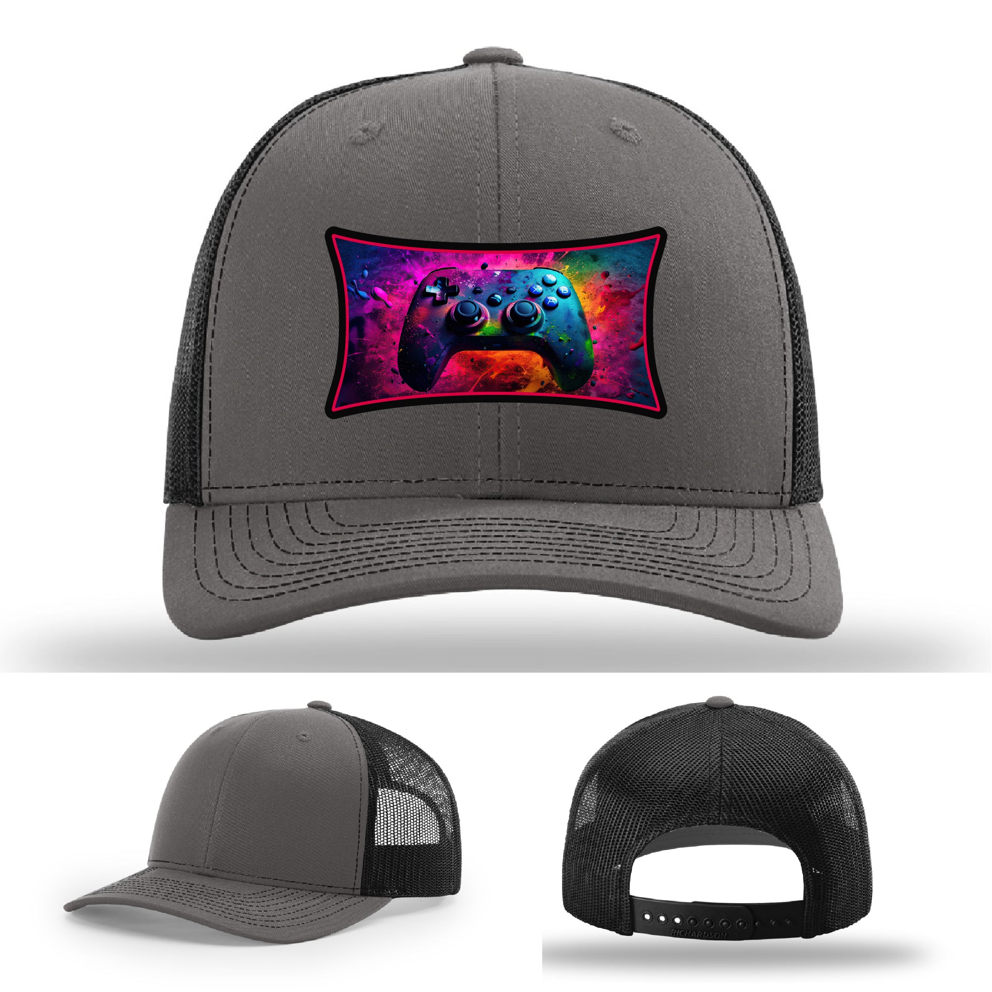 Custom Richardson gaming hat with neon galaxy controller patch – bold gamer merch.