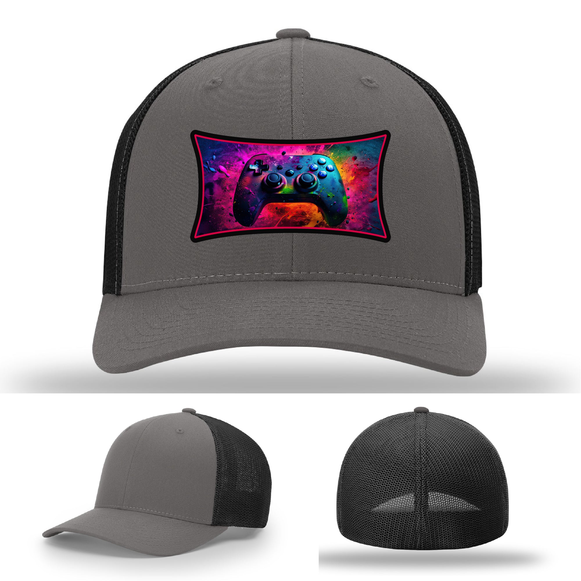 Custom Richardson gaming hat with neon galaxy controller patch – bold gamer merch.