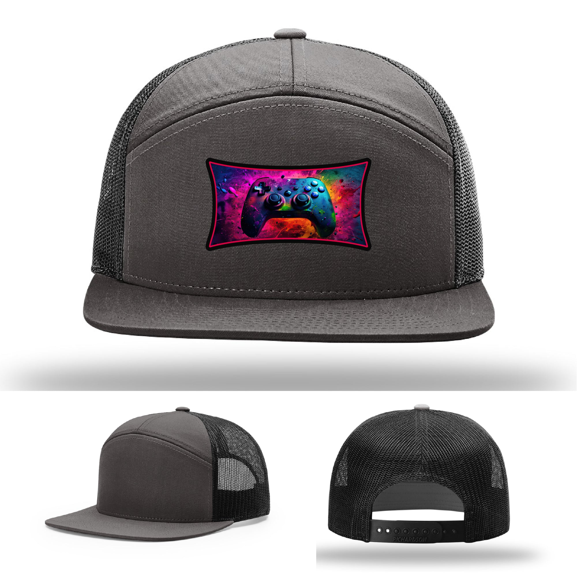 Custom Richardson gaming hat with neon galaxy controller patch – bold gamer merch.