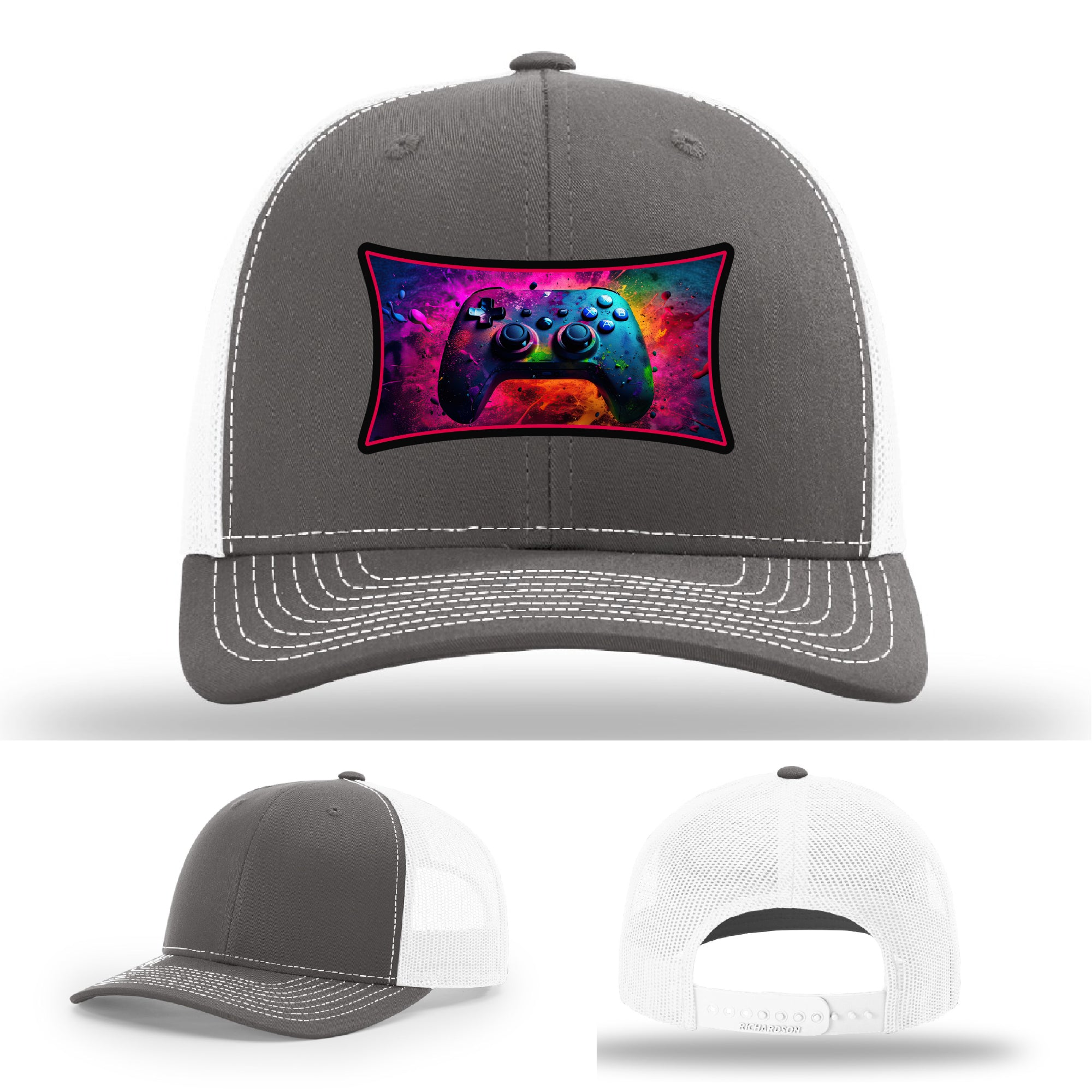 Custom Richardson gaming hat with neon galaxy controller patch – bold gamer merch.