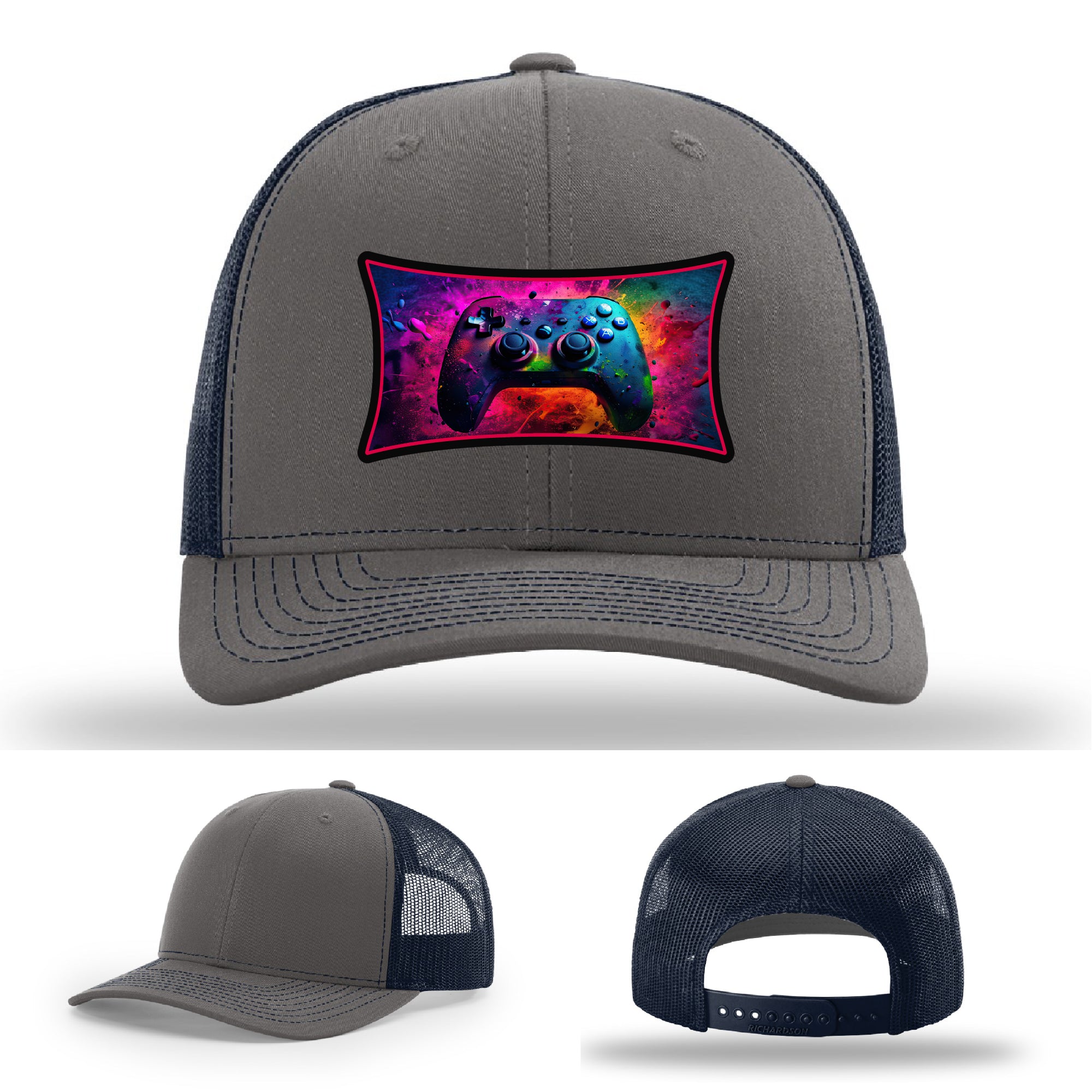 Custom Richardson gaming hat with neon galaxy controller patch – bold gamer merch.