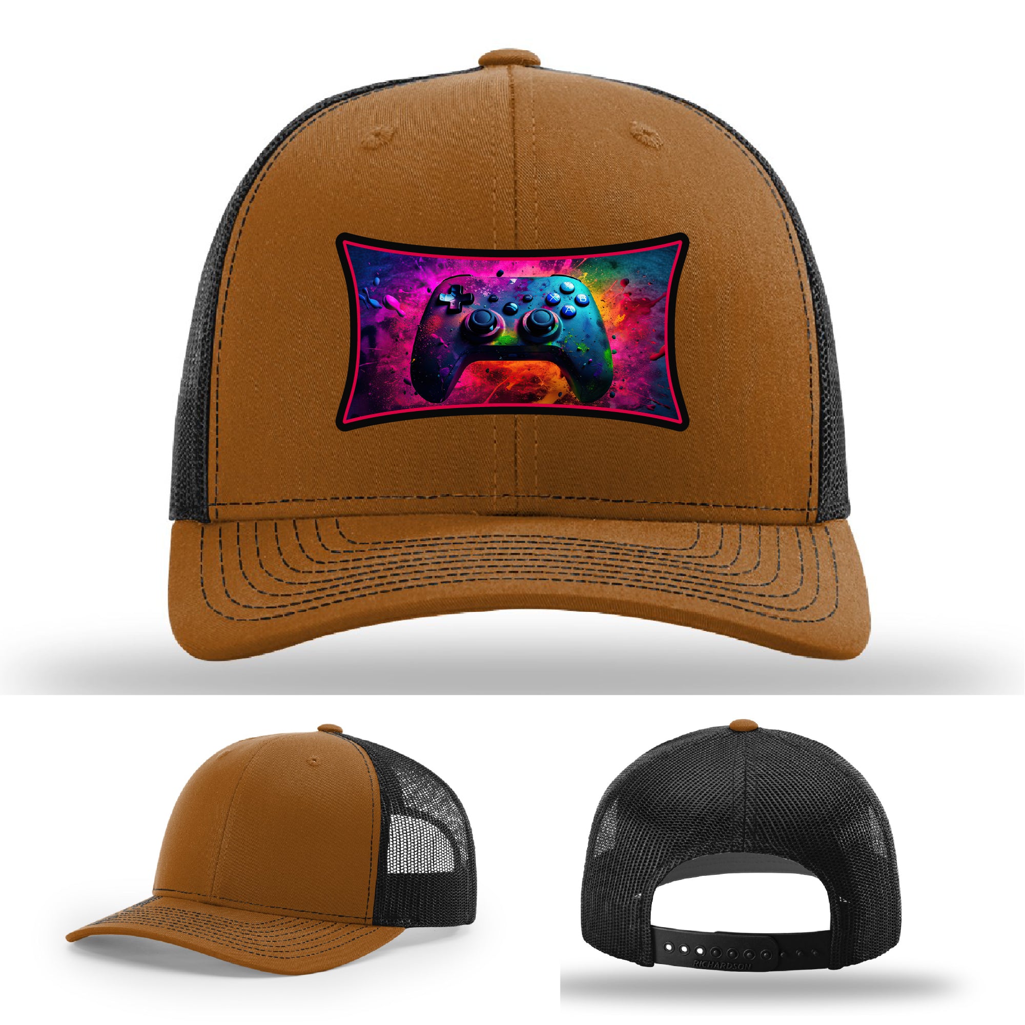 Custom Richardson gaming hat with neon galaxy controller patch – bold gamer merch.