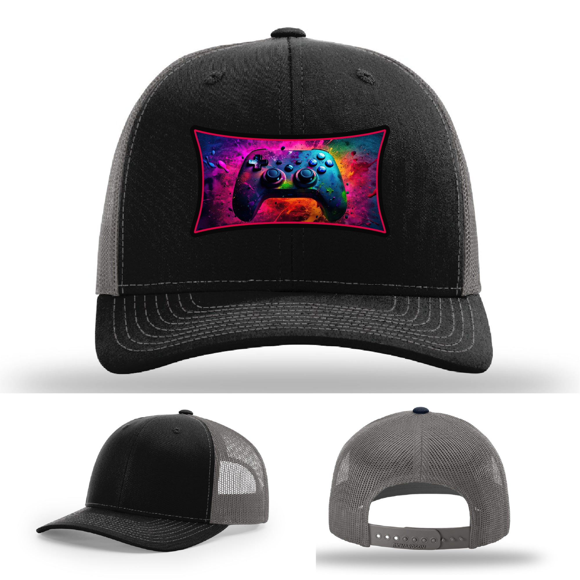 Custom Richardson gaming hat with neon galaxy controller patch – bold gamer merch.