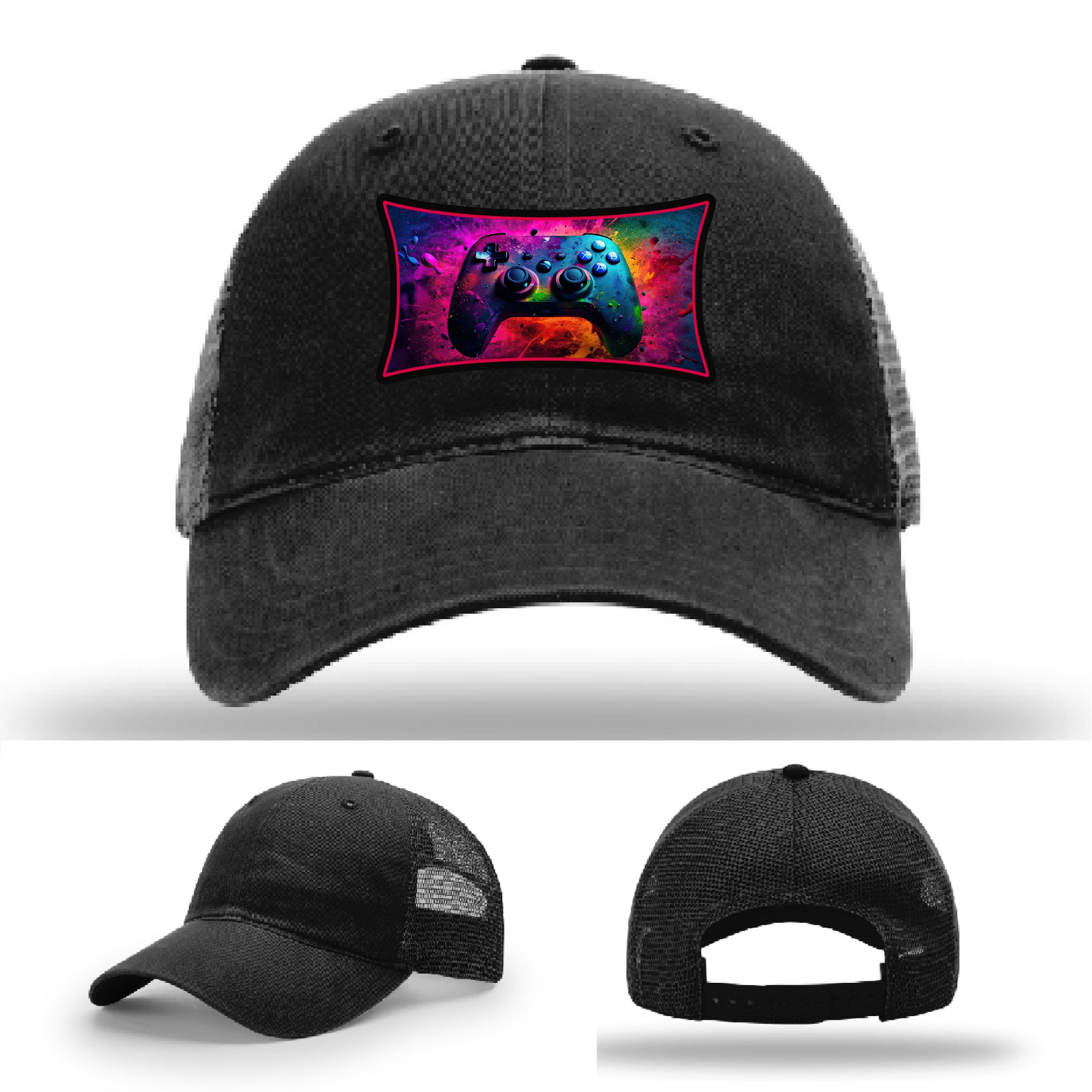 Custom Richardson gaming hat with neon galaxy controller patch – bold gamer merch.