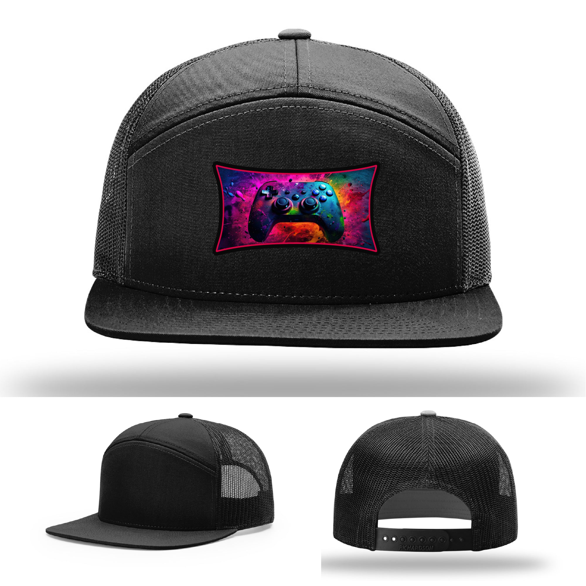 Custom Richardson gaming hat with neon galaxy controller patch – bold gamer merch.