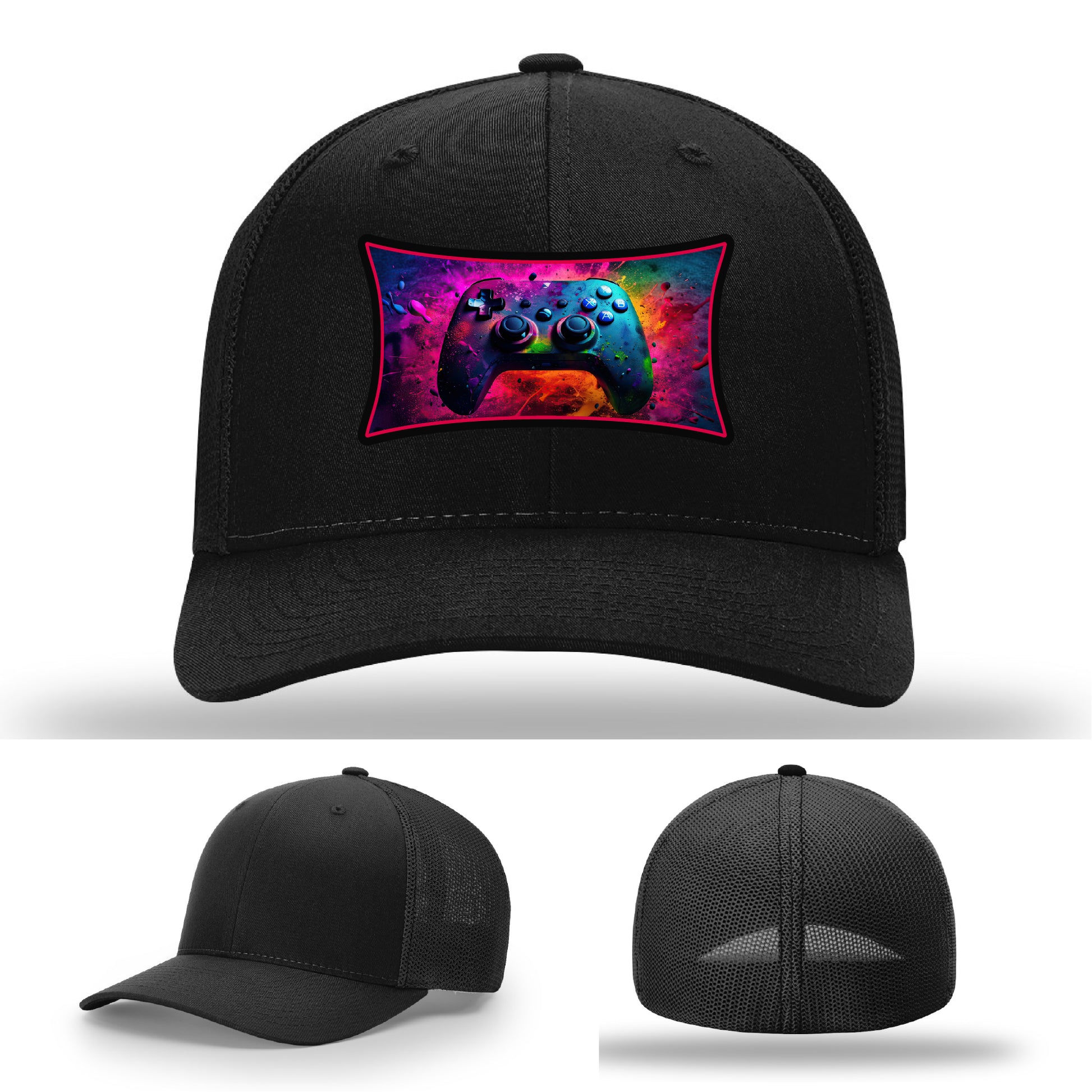 Custom Richardson gaming hat with neon galaxy controller patch – bold gamer merch.
