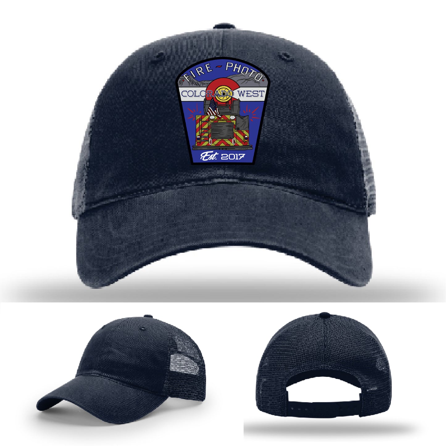 Bold firefighter hat design with graphic honoring fire photographers – fire department leather patch hat