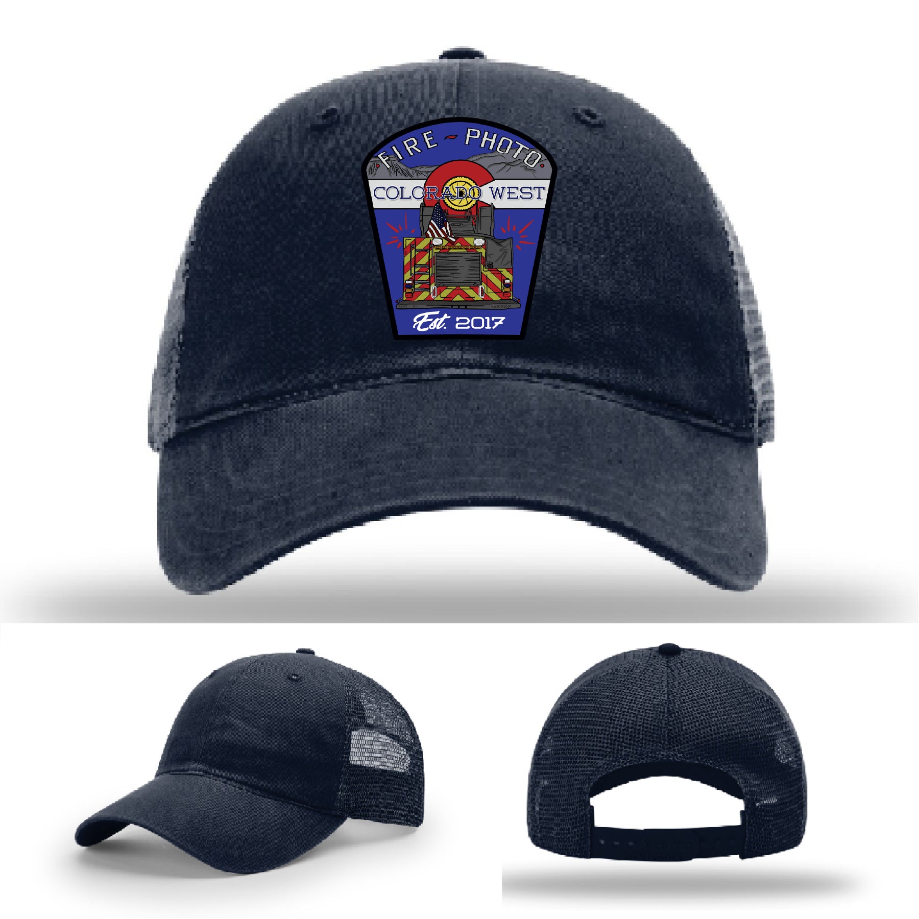 Bold firefighter hat design with graphic honoring fire photographers – fire department leather patch hat