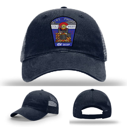 Bold firefighter hat design with graphic honoring fire photographers – fire department leather patch hat