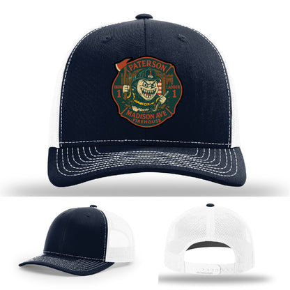 Leather firefighter patch hat featuring Madison Ave’s Engine and Ladder Co 1 – Paterson FD branding