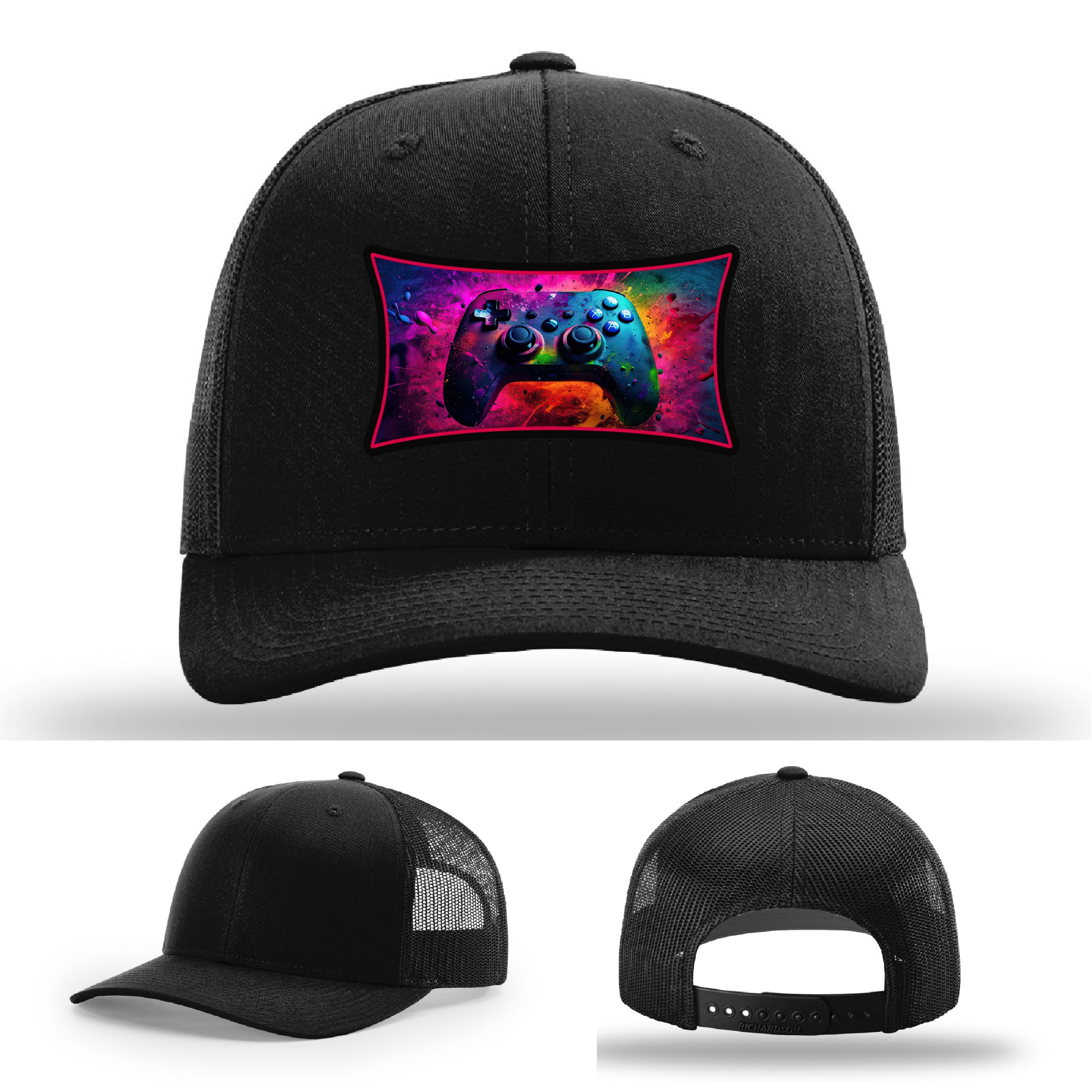 Custom Richardson gaming hat with neon galaxy controller patch – bold gamer merch.