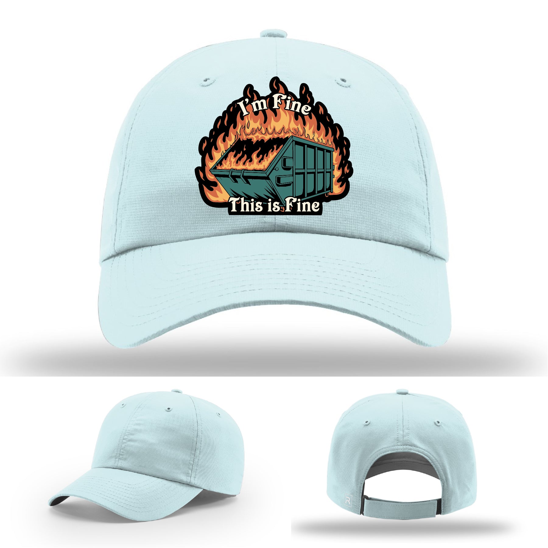 Funny Richardson hat with leather patch of dumpster fire and the quote 'I’m fine, this is fine'.