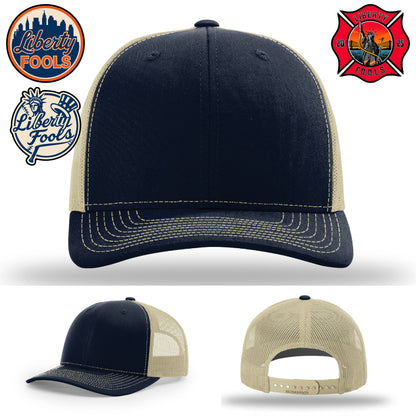 Liberty City FOOLS firefighter hat logo variants – patch examples for Liberty FOOLS personalization.