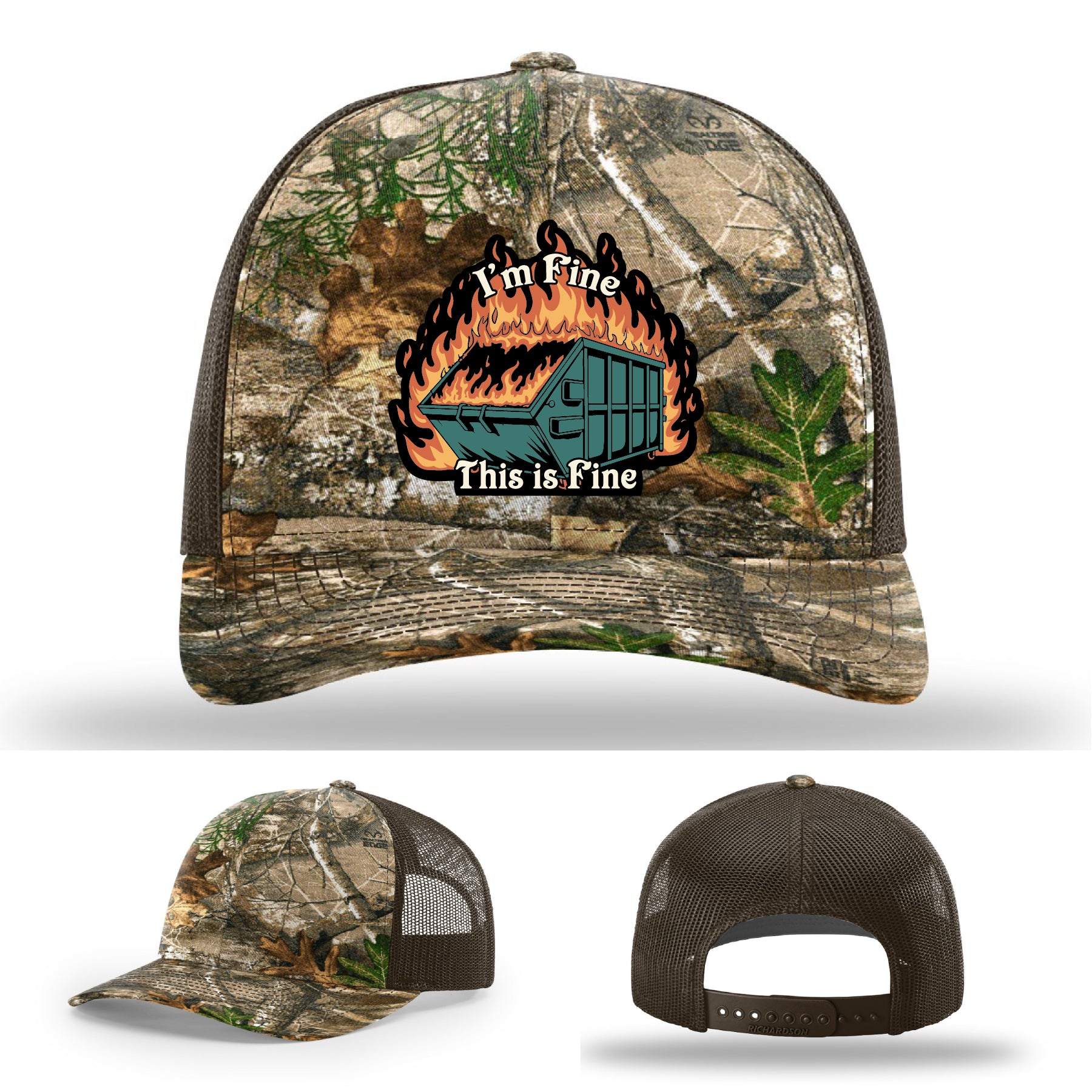 Funny Richardson hat with leather patch of dumpster fire and the quote 'I’m fine, this is fine'.