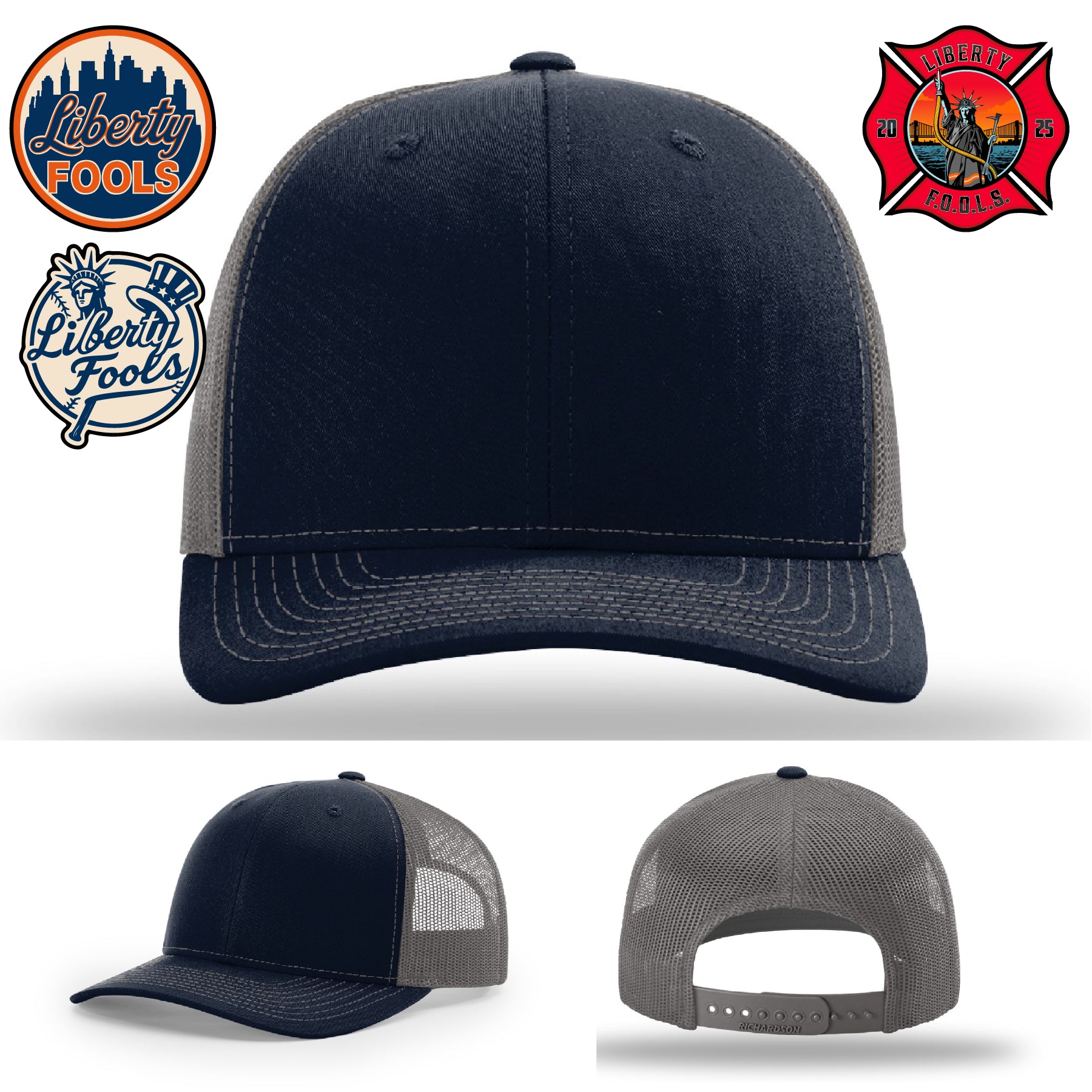 Liberty City FOOLS firefighter hat logo variants – displaying multiple Liberty FOOLS patch designs.