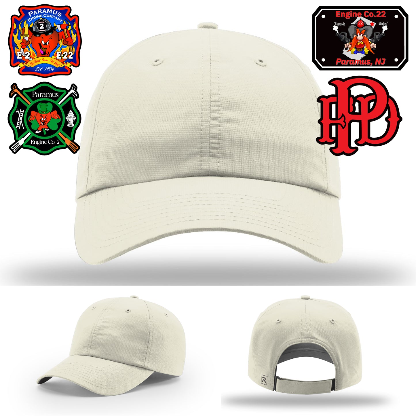 Firehouse-designed department patch on firefighter apparel hat