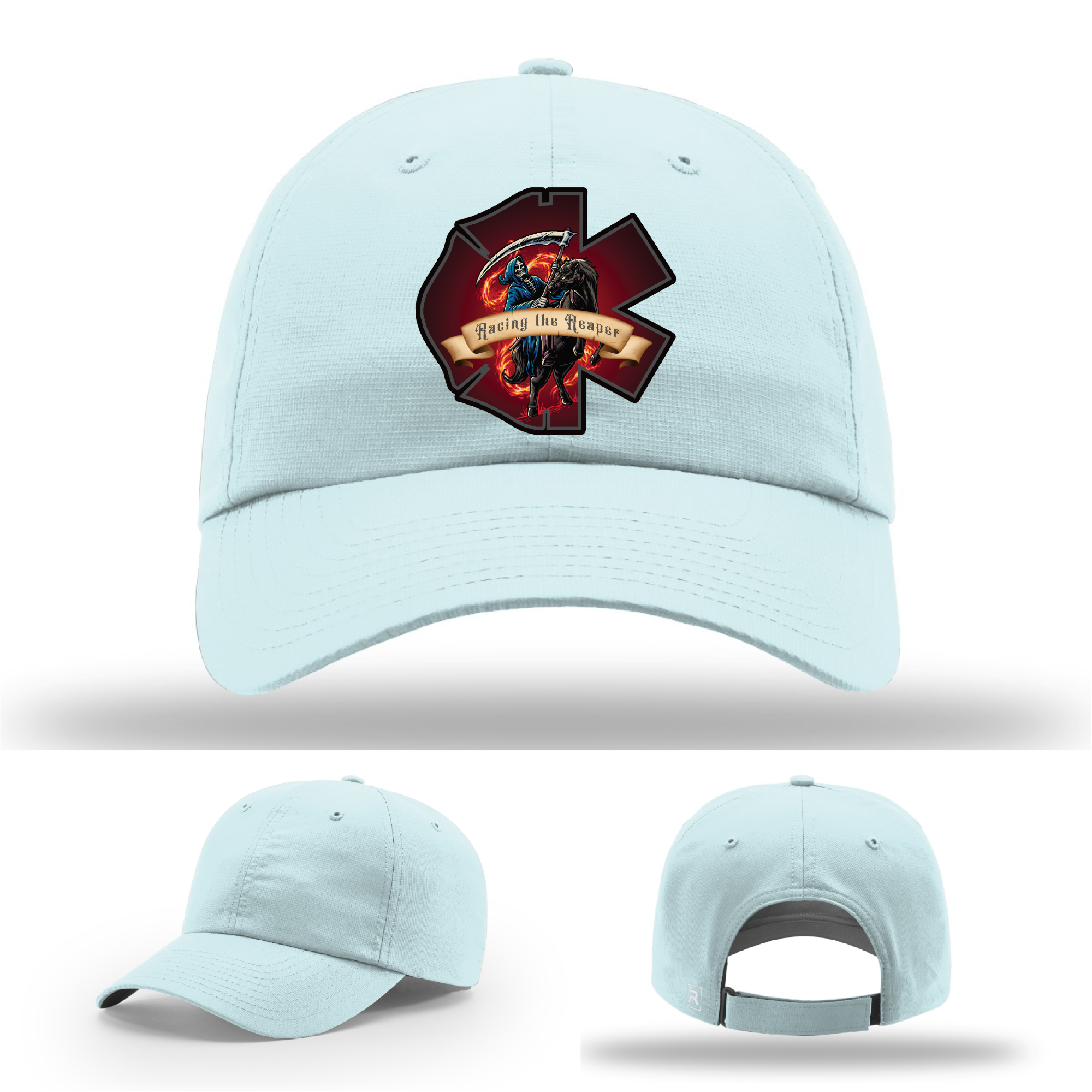 EMS hat logo variants – featuring Racing the Reaper patch designs on Richardson brand leather patch hats