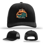 Funny Richardson hat with leather patch of dumpster fire and the quote 'I’m fine, this is fine'.