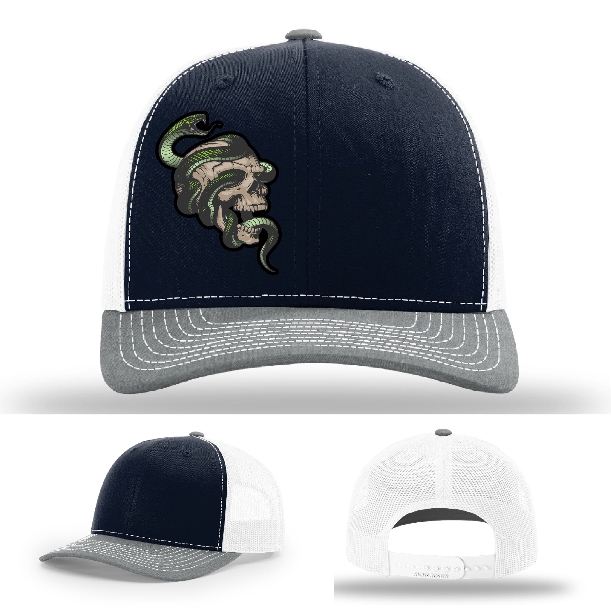 Custom Richardson hat with leather patch featuring skull and green snake design – dark streetwear style.
