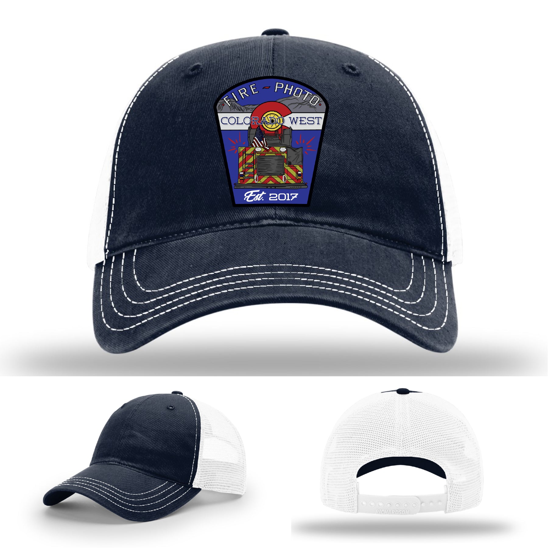 Bold firefighter hat design with patriotic fire helmet and hose layout – leather patch firefighter hat