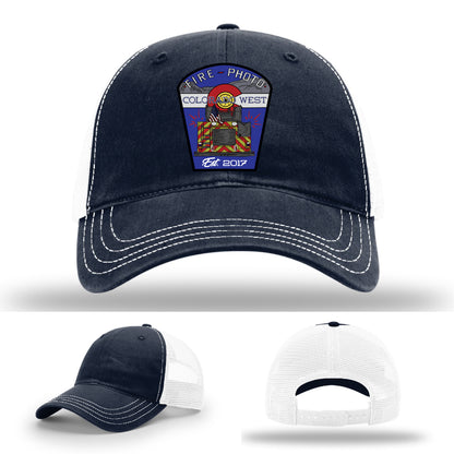 Bold firefighter hat design with patriotic fire helmet and hose layout – leather patch firefighter hat