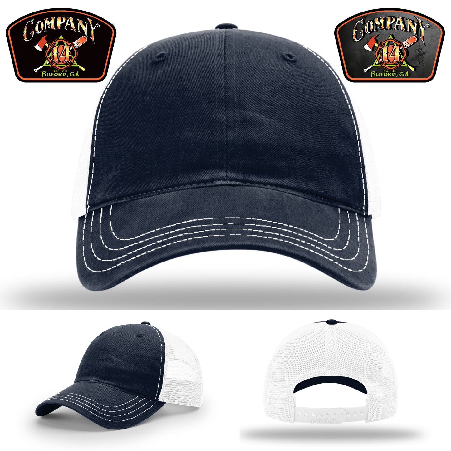 Company 14 firefighter leather patch hat honoring Buford’s fire service – made to represent your department