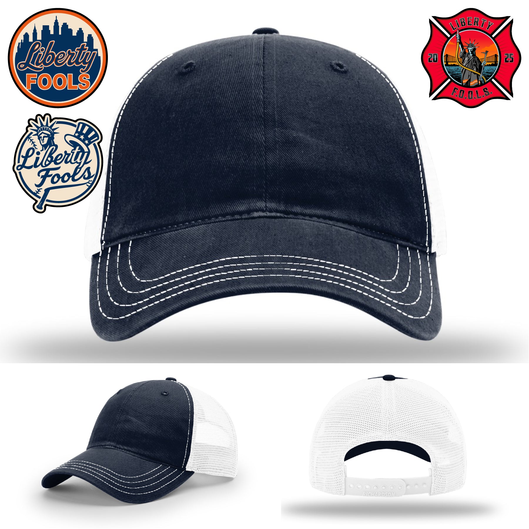 Liberty City FOOLS firefighter hat logo variants – patch styles honoring Liberty FOOLS tradition.