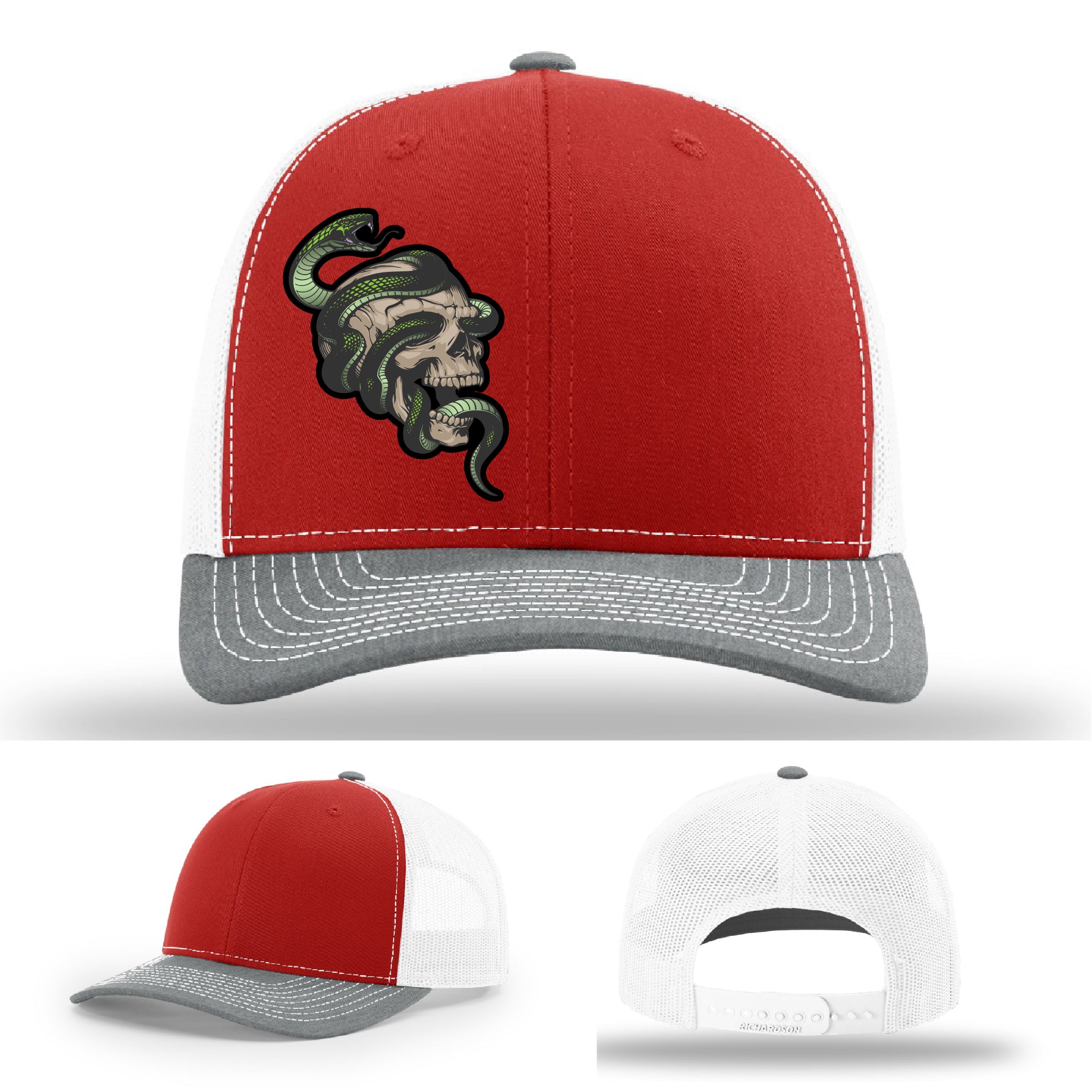 Custom Richardson hat with leather patch featuring skull and green snake design – dark streetwear style.