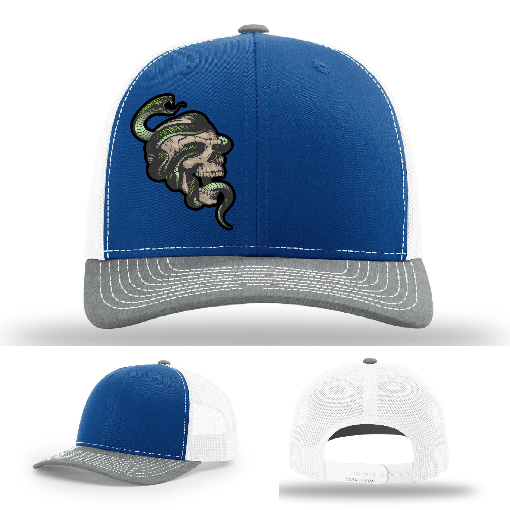 Custom Richardson hat with leather patch featuring skull and green snake design – dark streetwear style.