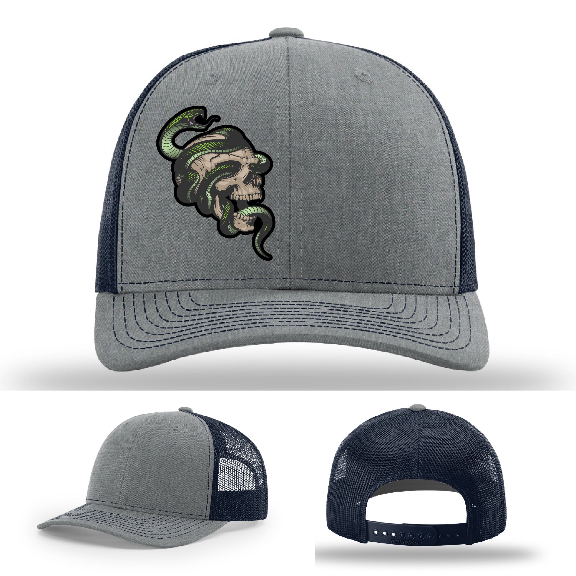 Custom Richardson hat with leather patch featuring skull and green snake design – dark streetwear style.