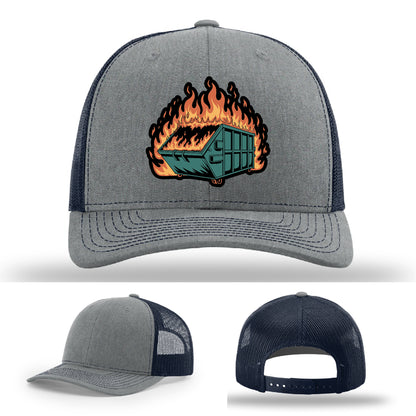 Dumpster fire themed leather patch hat built for maximum irony – built for people who get the joke