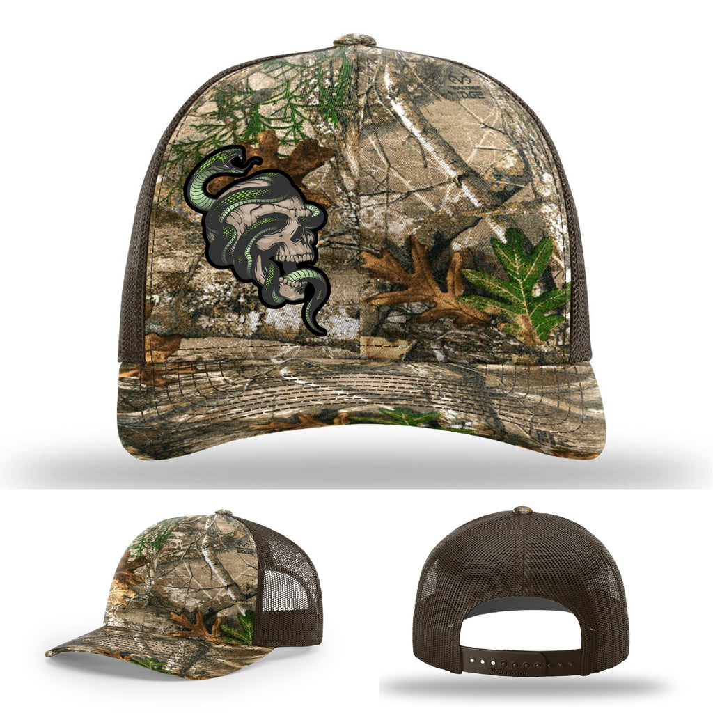 Custom Richardson hat with leather patch featuring skull and green snake design – dark streetwear style.