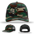 Custom Richardson hat with leather patch featuring skull and green snake design – dark streetwear style.