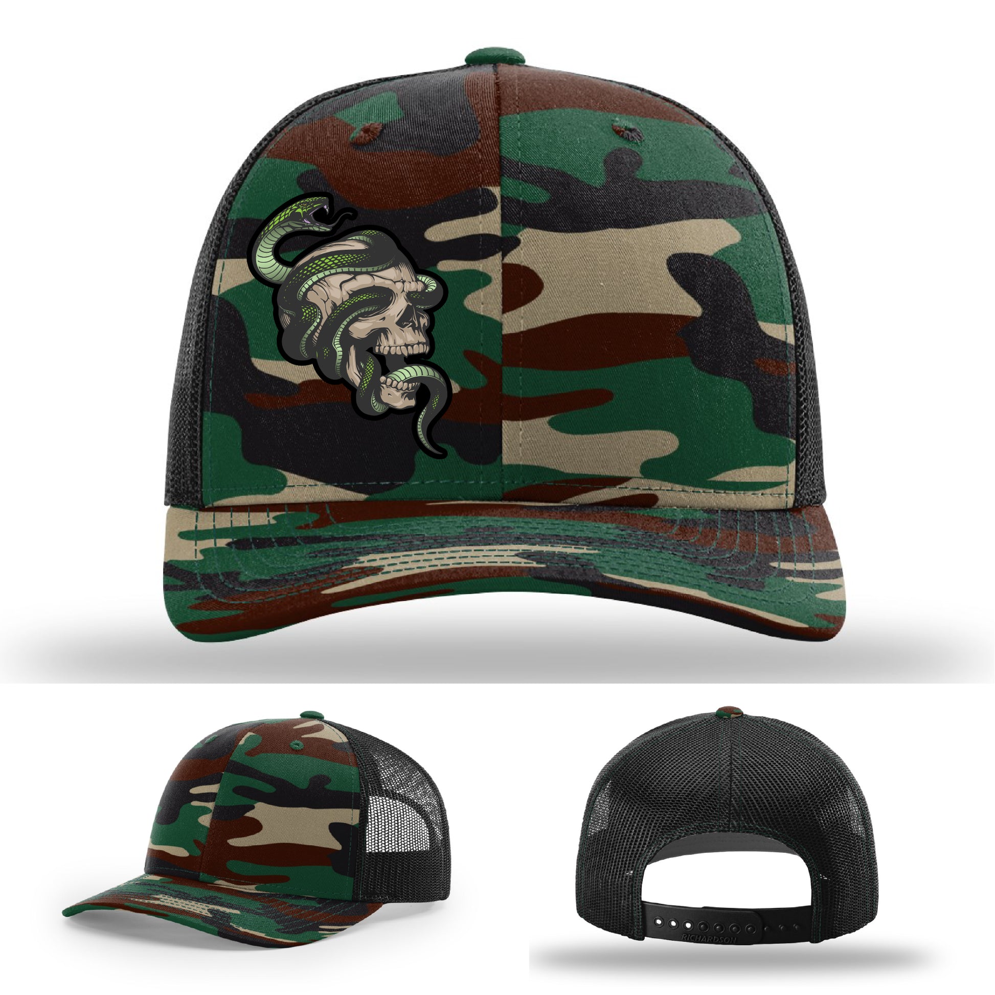 Custom Richardson hat with leather patch featuring skull and green snake design – dark streetwear style.