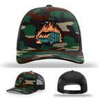 Funny leather patch hat featuring dumpster fire artwork great for sarcastic personalities – a conversation starter in leather