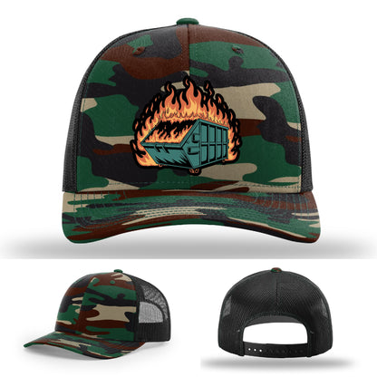 Funny leather patch hat featuring dumpster fire artwork great for sarcastic personalities – a conversation starter in leather